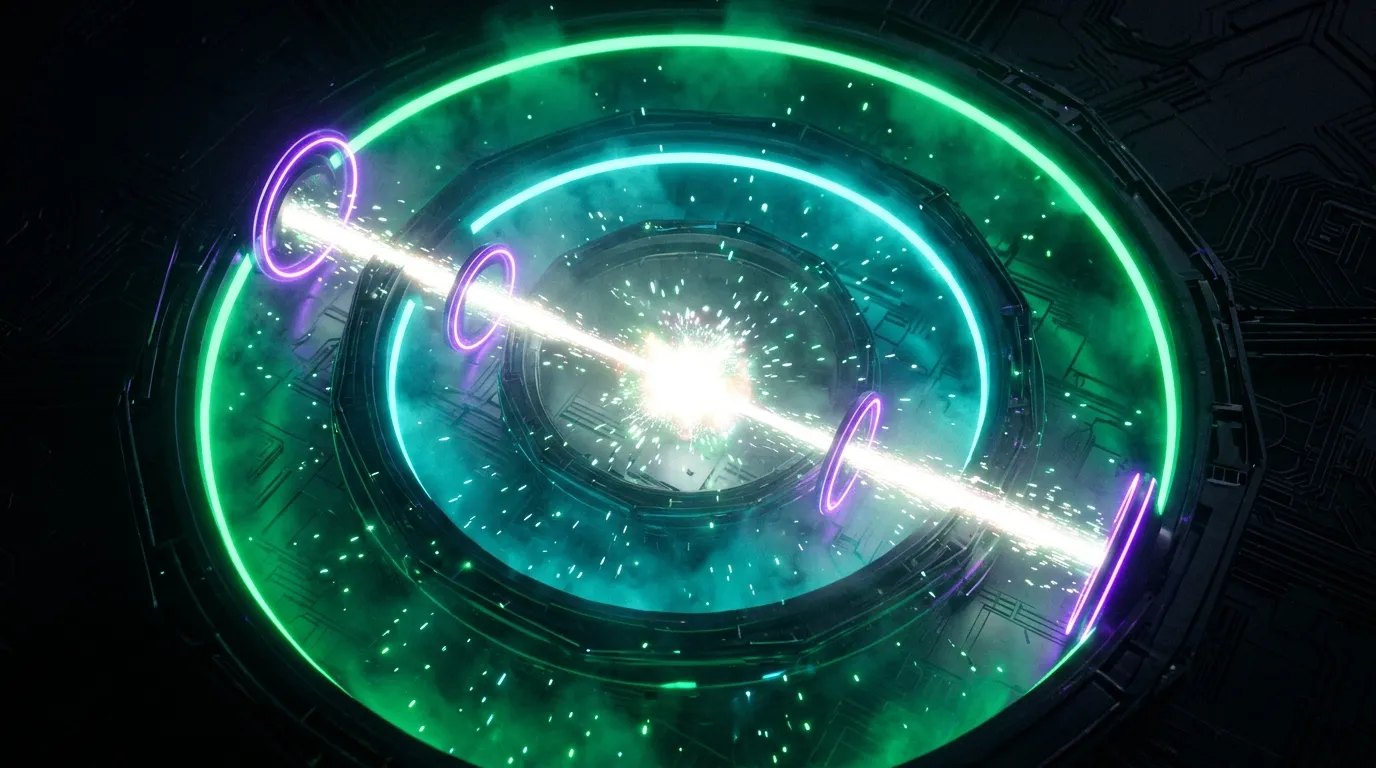 A single white beam passing through violet rings set in three nested green and cyan chambers, reaching a bright core at the centre
