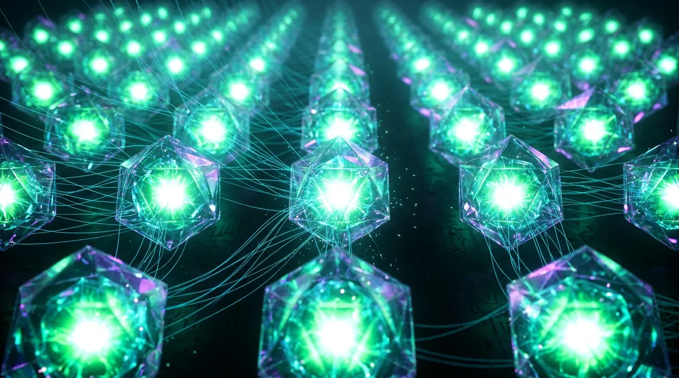 Rows of bright green cores, each sealed inside a clear faceted crystal cage, with fine cyan threads reaching in from outside but only touching the glass