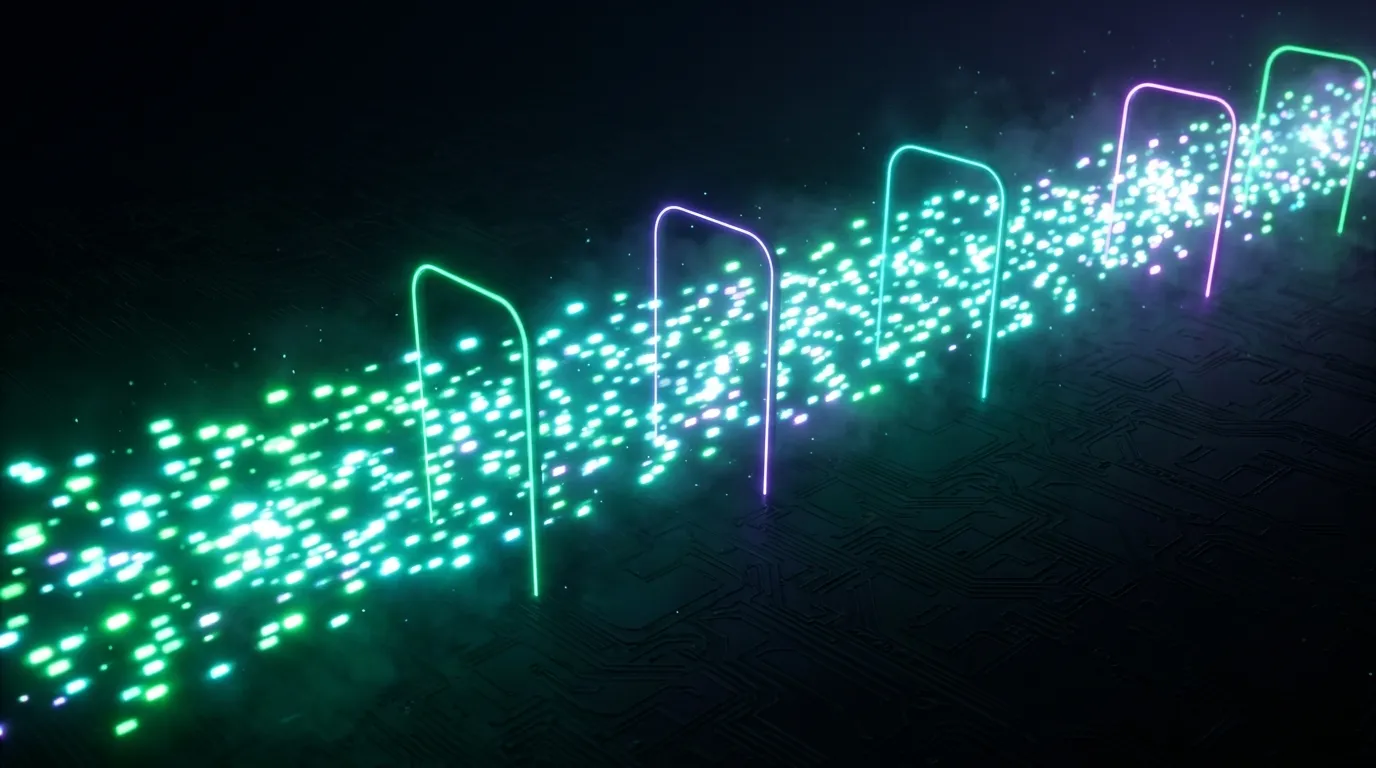 A dense stream of green and cyan light packets passing in order through a row of glowing green and violet gates over a dark circuit floor