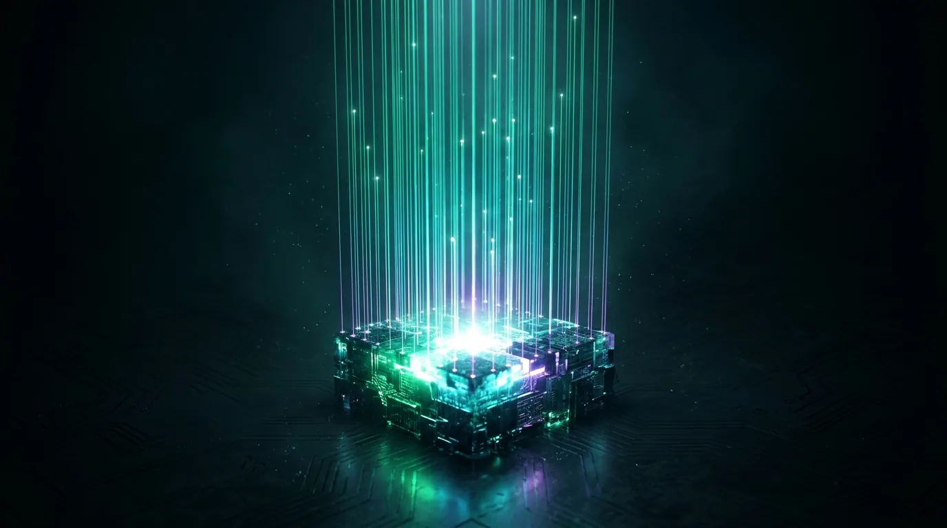 A small dense block of glass glowing green and cyan on a dark floor, with dozens of fine parallel threads of light rising from it
