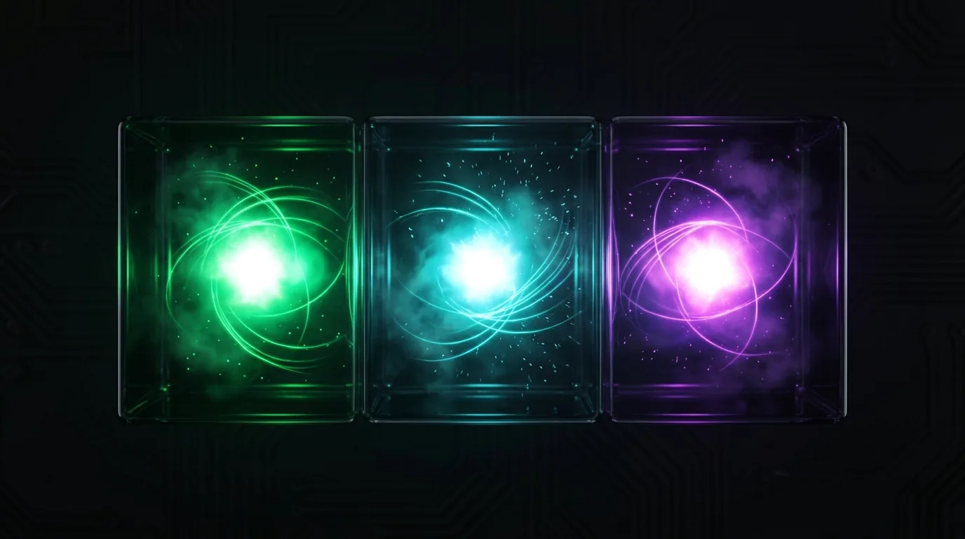 Three sealed glass chambers side by side, each holding its own glowing core in green, cyan or violet, with no light crossing between them