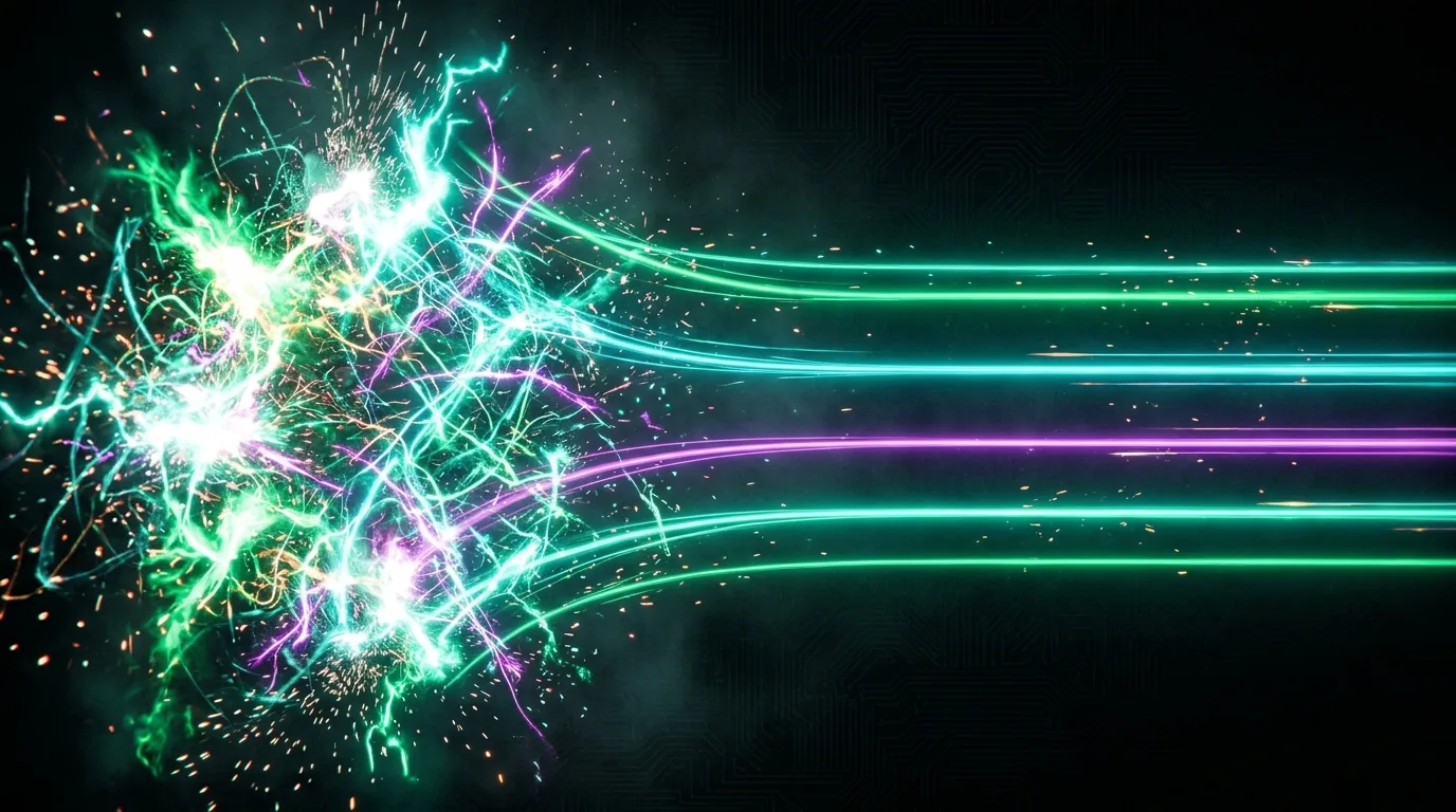 Tangled sparks of green, cyan and violet light on the left settling into calm, evenly spaced parallel lanes on the right