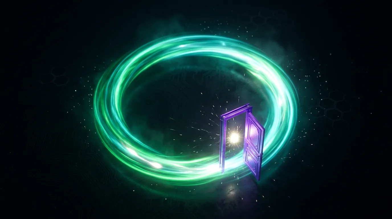 A ring of flowing green light with a small violet door set into it, standing ajar with a bright spark at the gap