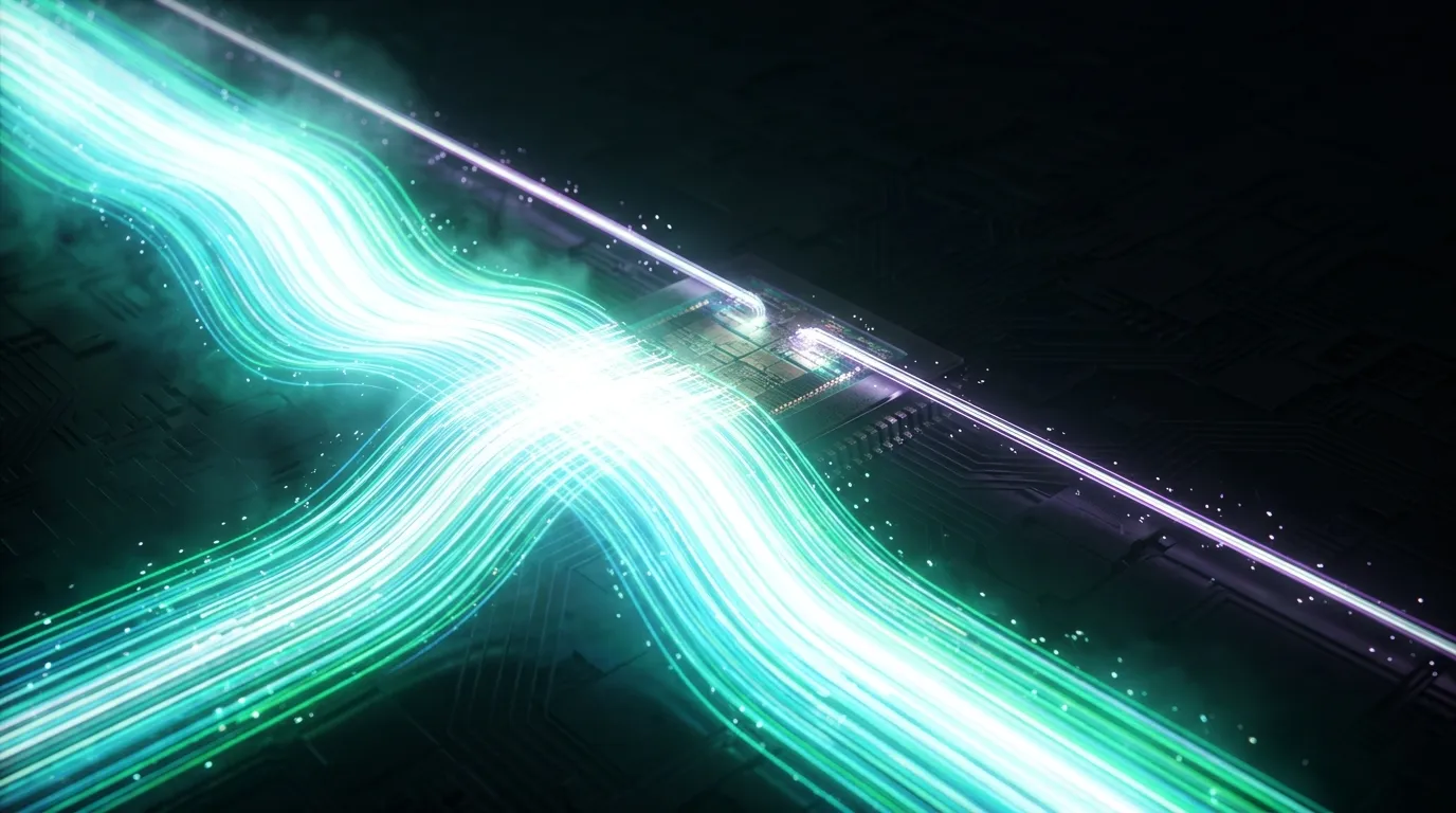 A single thin beam running alongside a broad braided river of cyan and green light streams