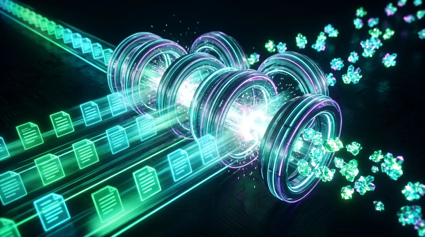 Rows of glowing document tiles running through a series of parallel rings and emerging as small bright crystals