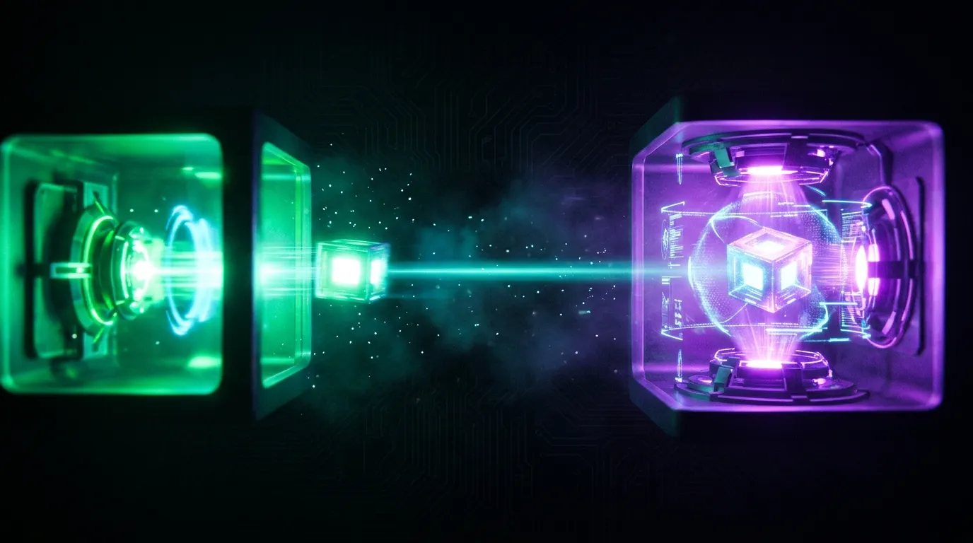 A green chamber sending a small glowing cube along a beam across a gap to a separate violet chamber that holds and inspects it