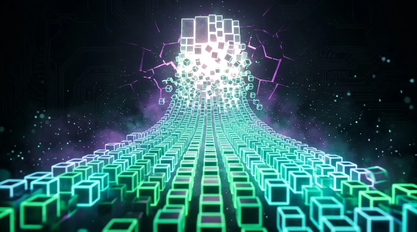 A large glowing block breaking apart at the top into many small green and cyan cubes that flow forward in orderly rows