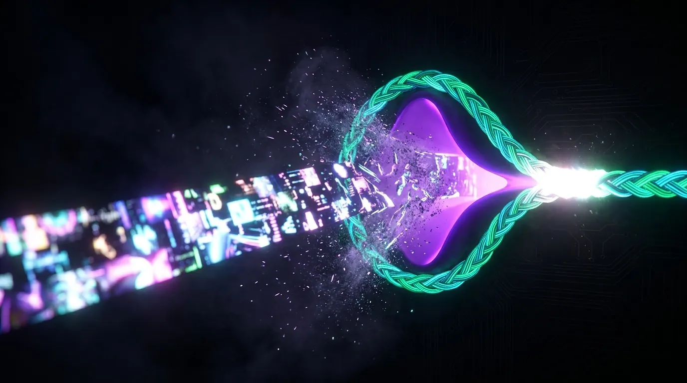 A bright ribbon of colourful fragments shattering at a violet aperture while a braided green and cyan cord loops around it intact