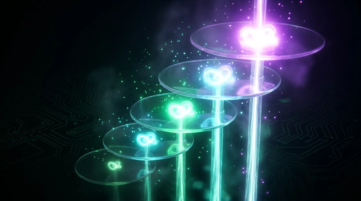 Five glass platters rising in steps, each holding a glowing knot of light, with the highest one broad and bright violet