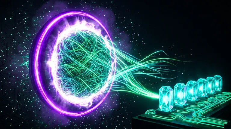 A tangled sphere of green and cyan threads squeezed by a closing violet ring, with bright threads escaping sideways into a row of glowing crystal storage cells