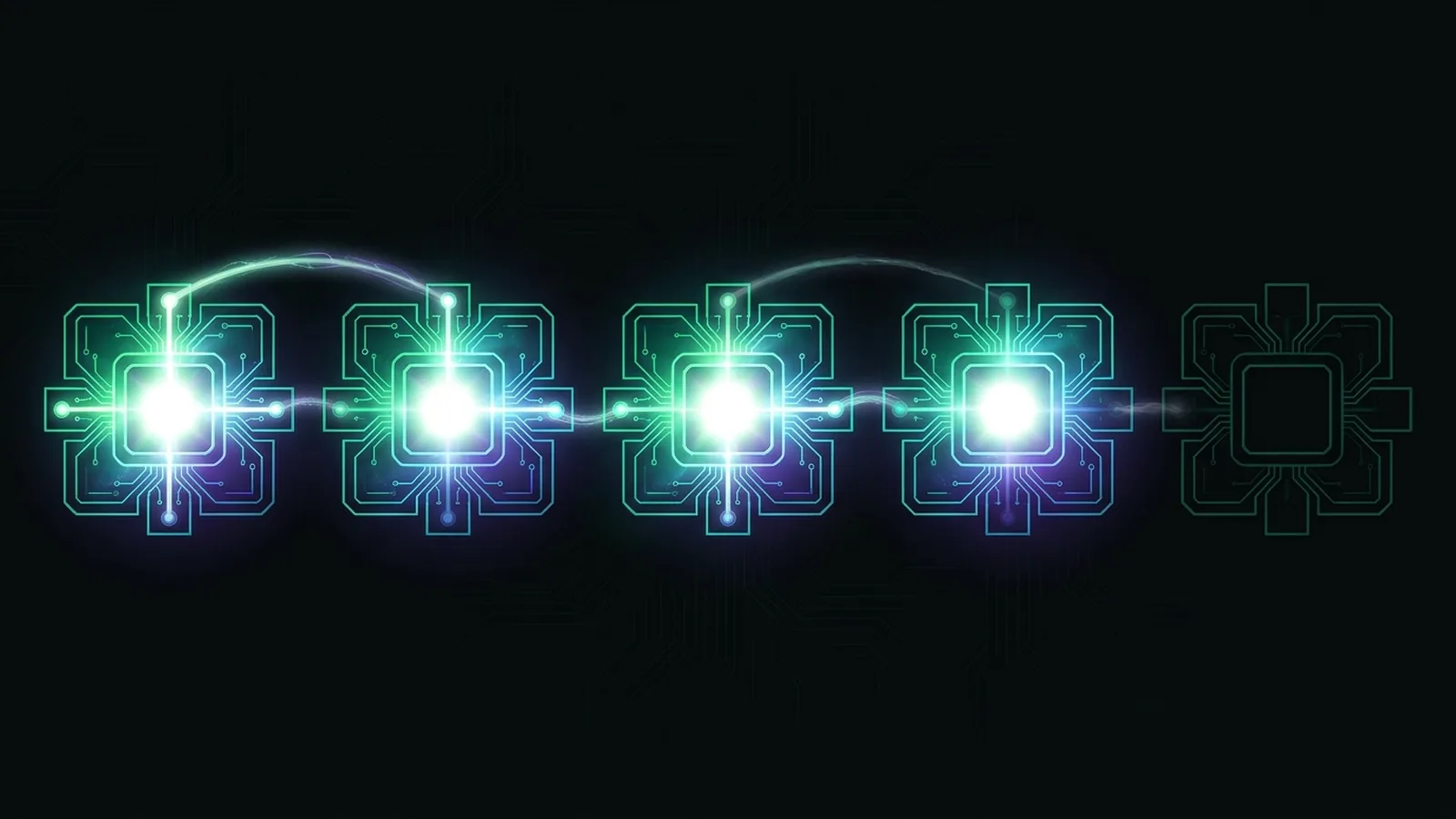 A row of glowing processors linked by arcs of light, the last one dark and unlinked