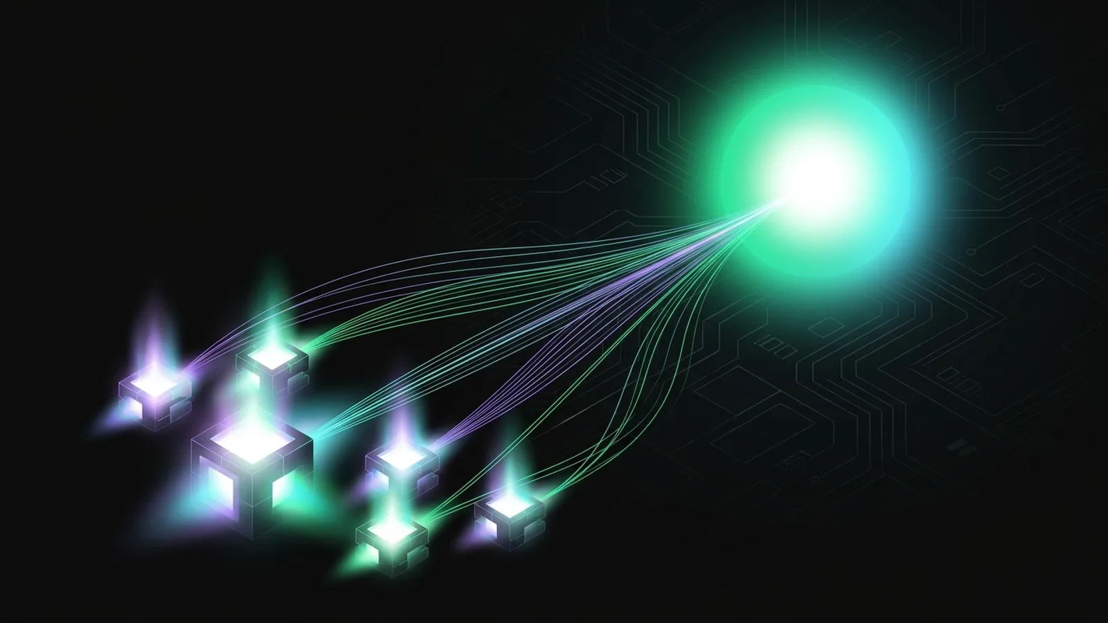 A bright orb with fine traceable threads of light running back to a few distinct source blocks