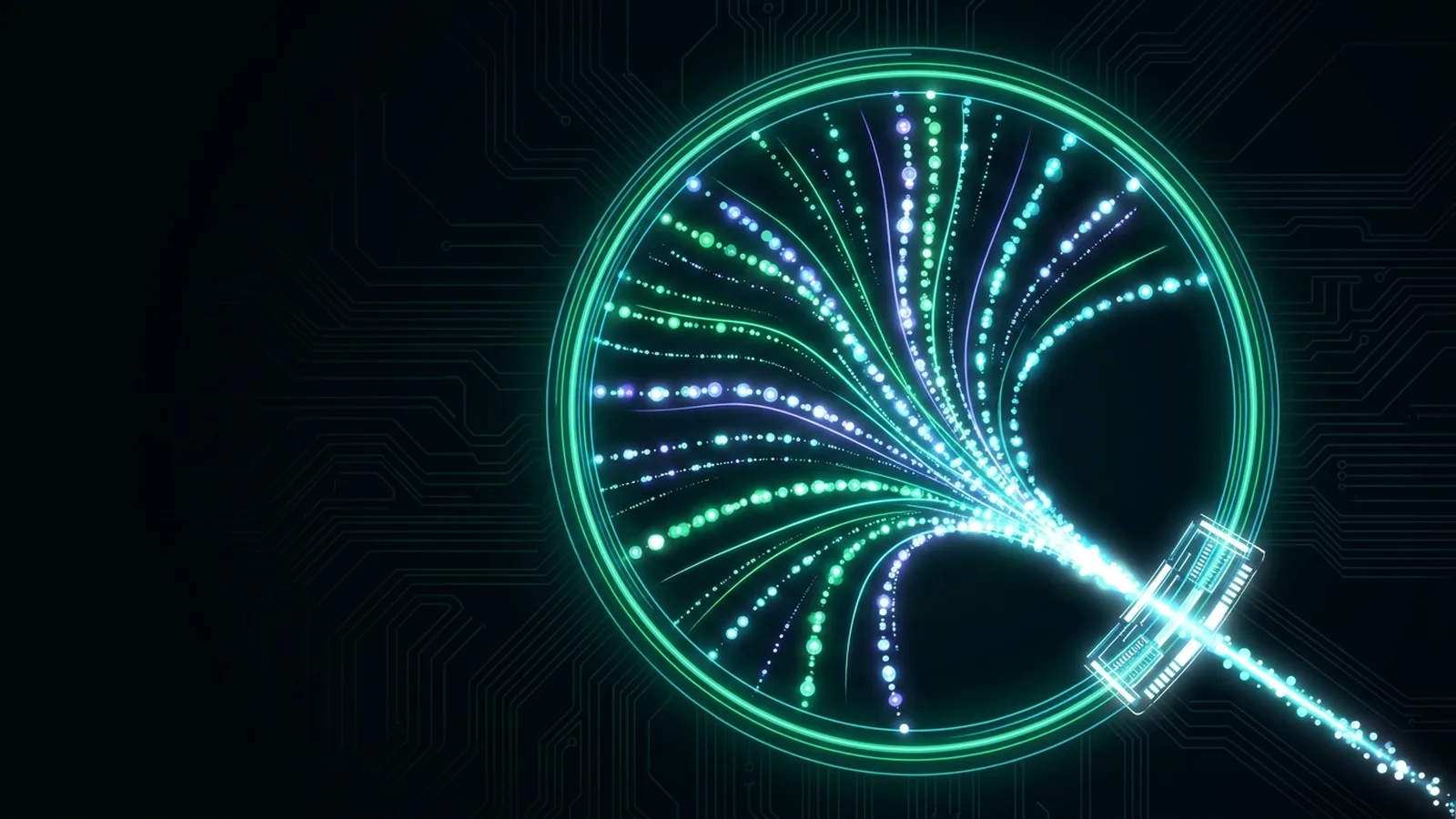 Streams of light flow inside a drawn boundary ring, with one stream passing out through a gate on its edge