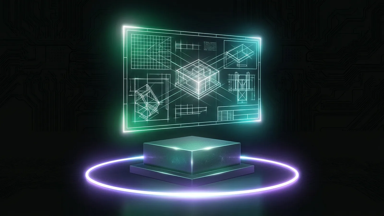 A glowing wireframe blueprint floats above a solid block, with a separate ring of light around the block as a checkpoint