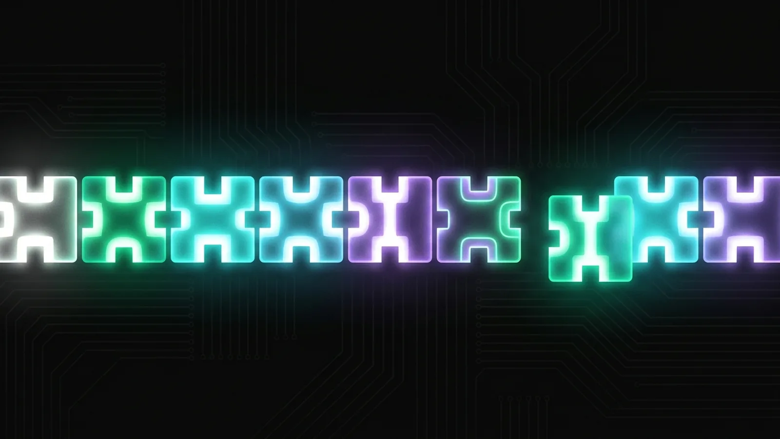 A row of glowing tiles with distinct notch patterns, a new tile sliding in beside an older one that stays in place