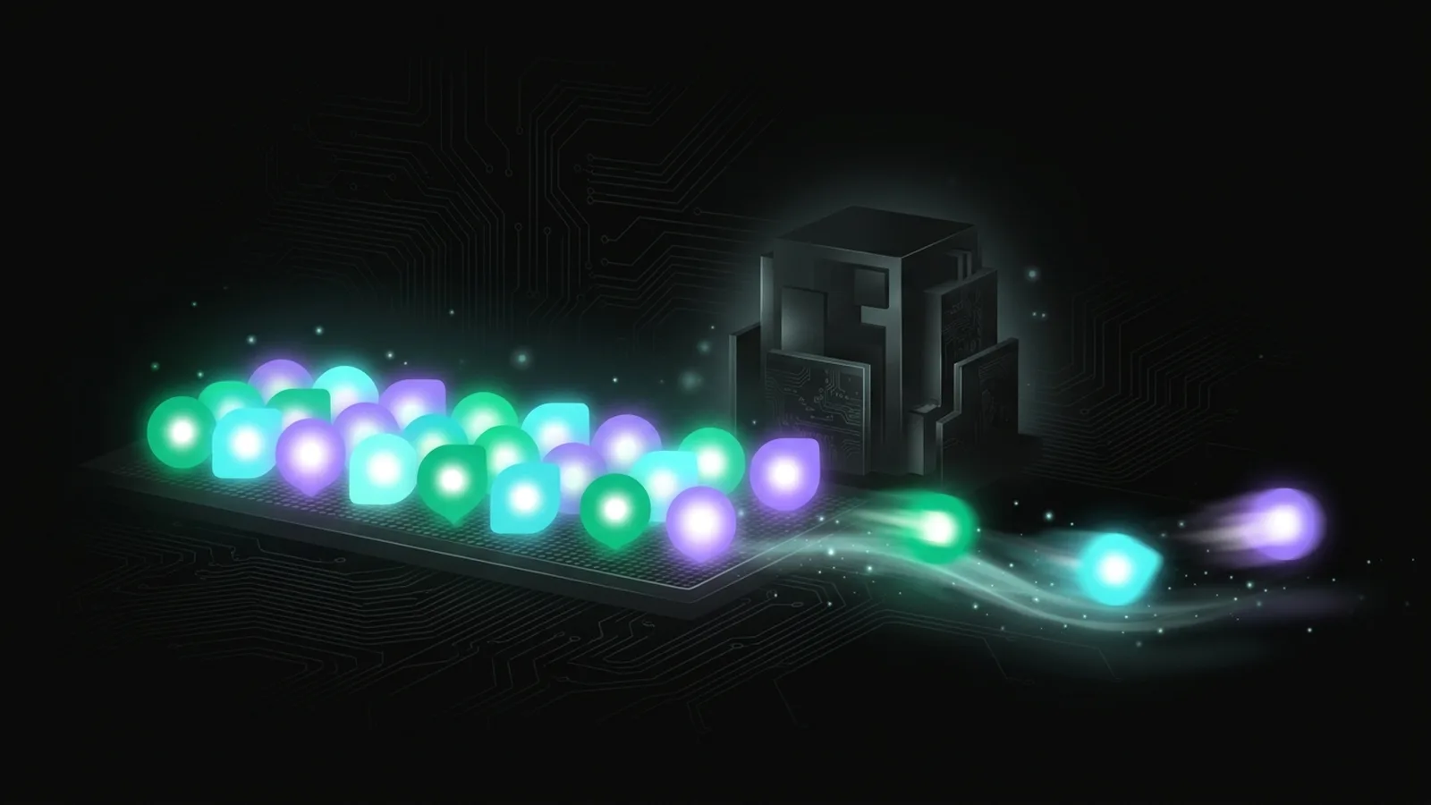 Packets of light wait in an ordered queue beside a dimmed device, a few moving off once a soft glow appears