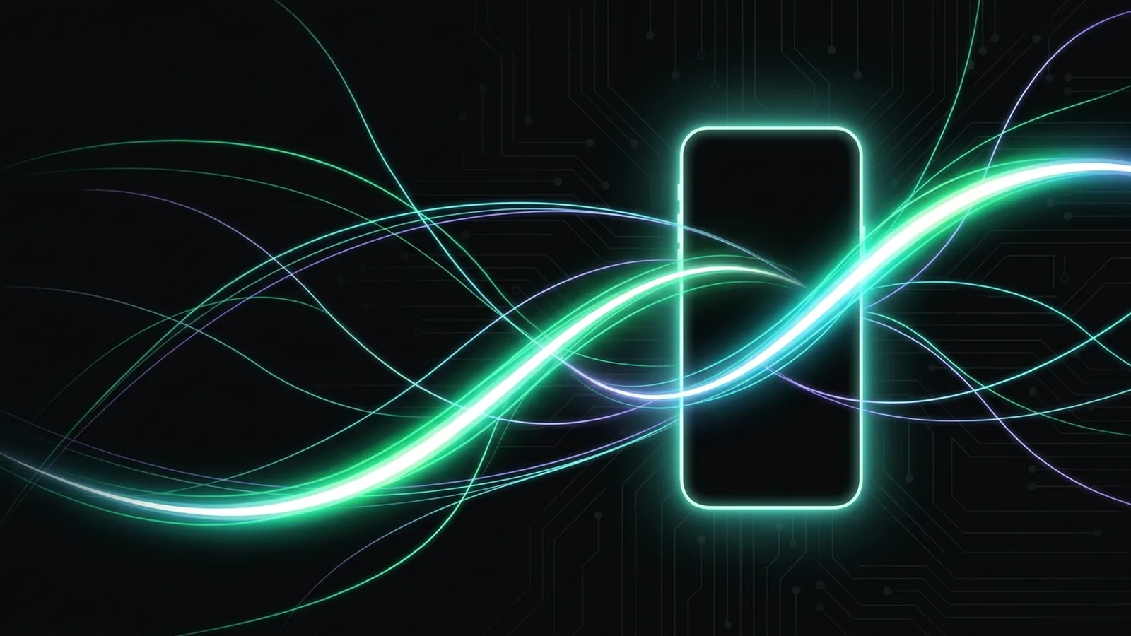 A phone outline of light crossed by flowing energy lines, one far brighter than the rest