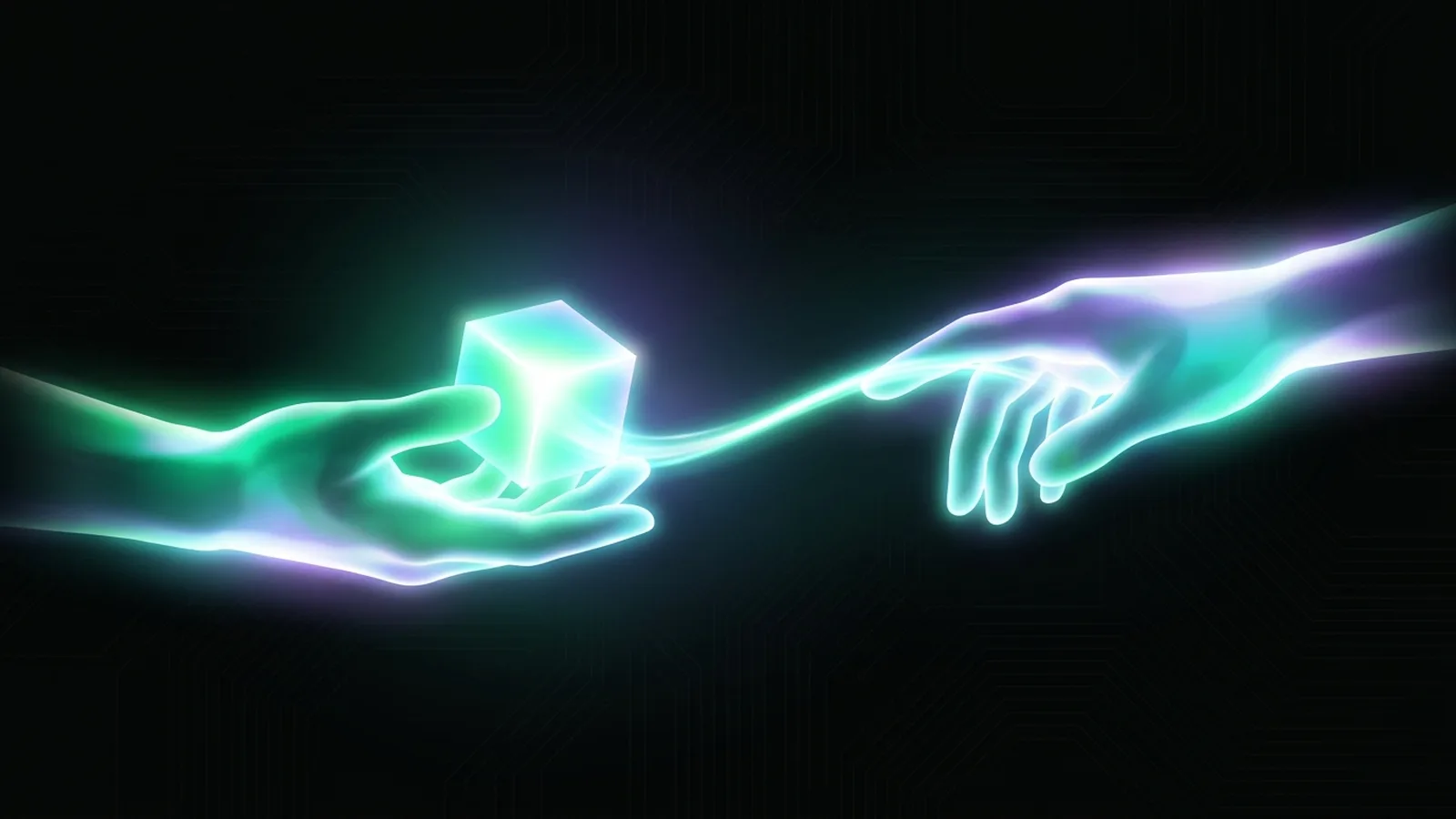 One hand of light passes a bright cube to another, with the trail unbroken between them