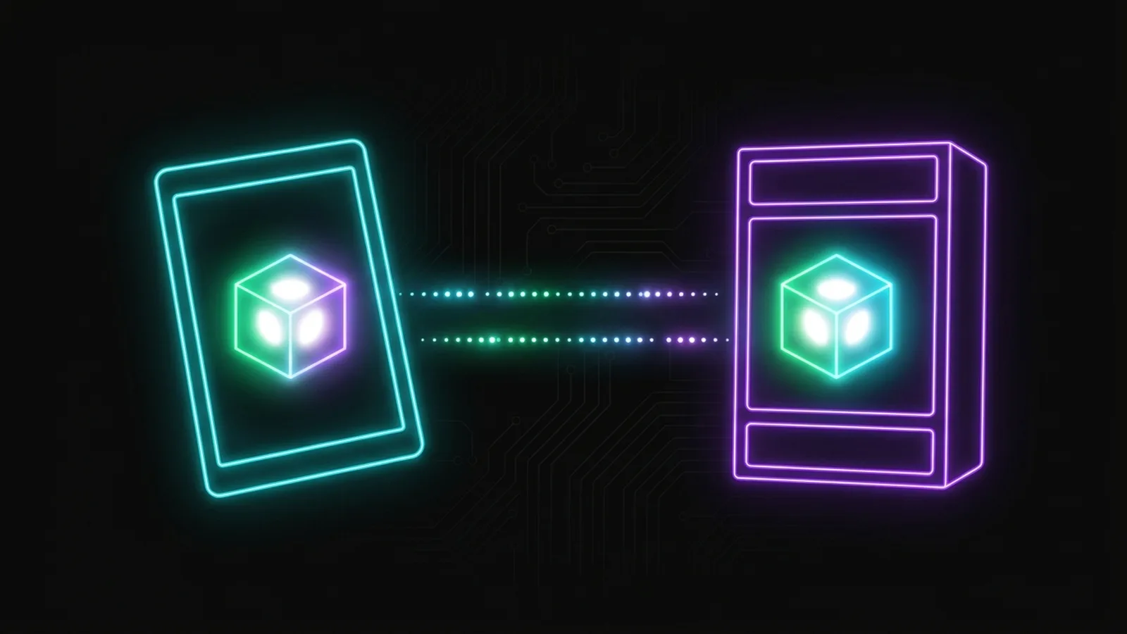 A tablet holds a glowing record cube while a server holds a matching one, with a dotted gap of light between them