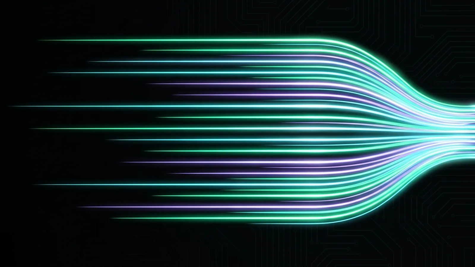 Many parallel streams of light converge and bunch into a narrow channel on the right
