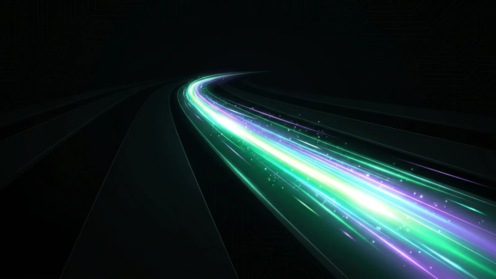 One bright stream of light races along an otherwise empty dark road