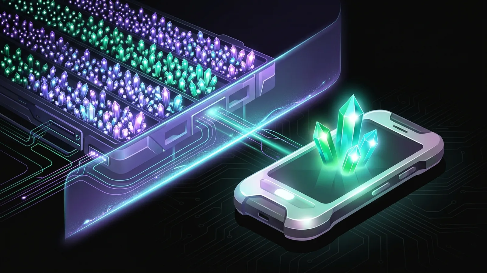 A handheld device holds only a few small crystals, with many more kept back behind a boundary at a server
