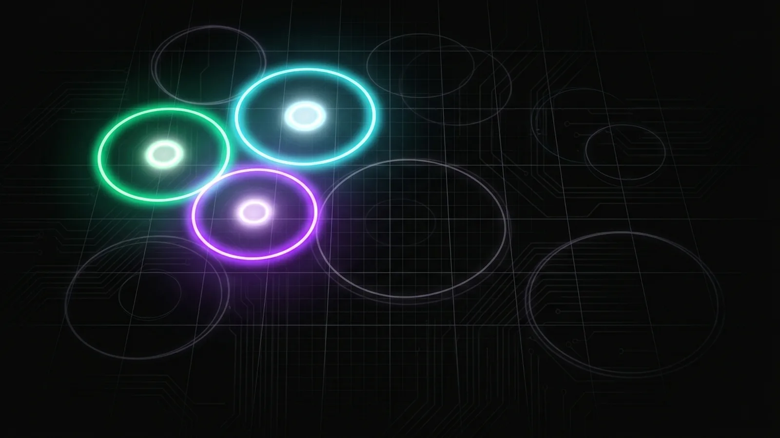 A few bright boundary rings active on a grid, with more rings drawn faintly and waiting