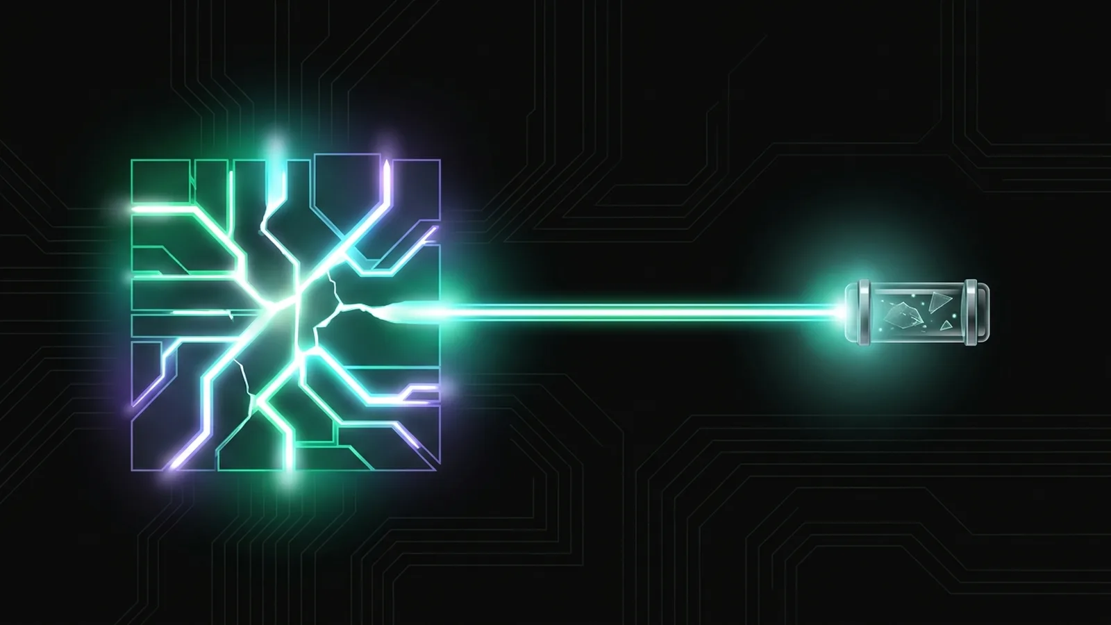 A cracked glowing circuit tile linked by a line of light to a sealed capsule of evidence