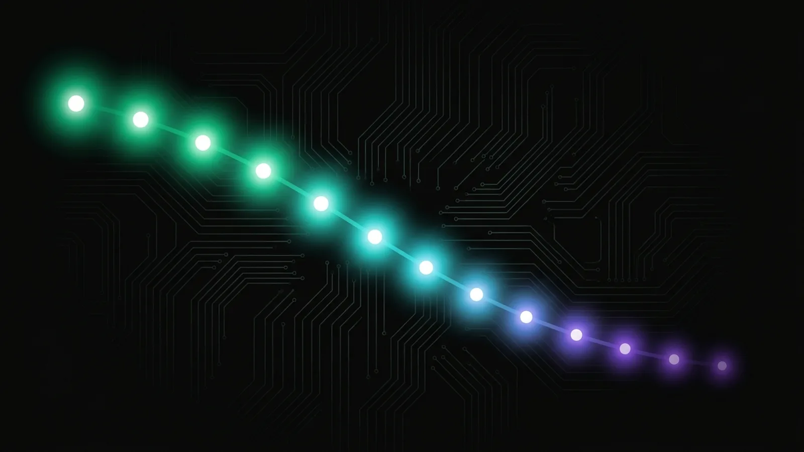 A row of glowing points along a falling curve, each smaller and dimmer than the one before