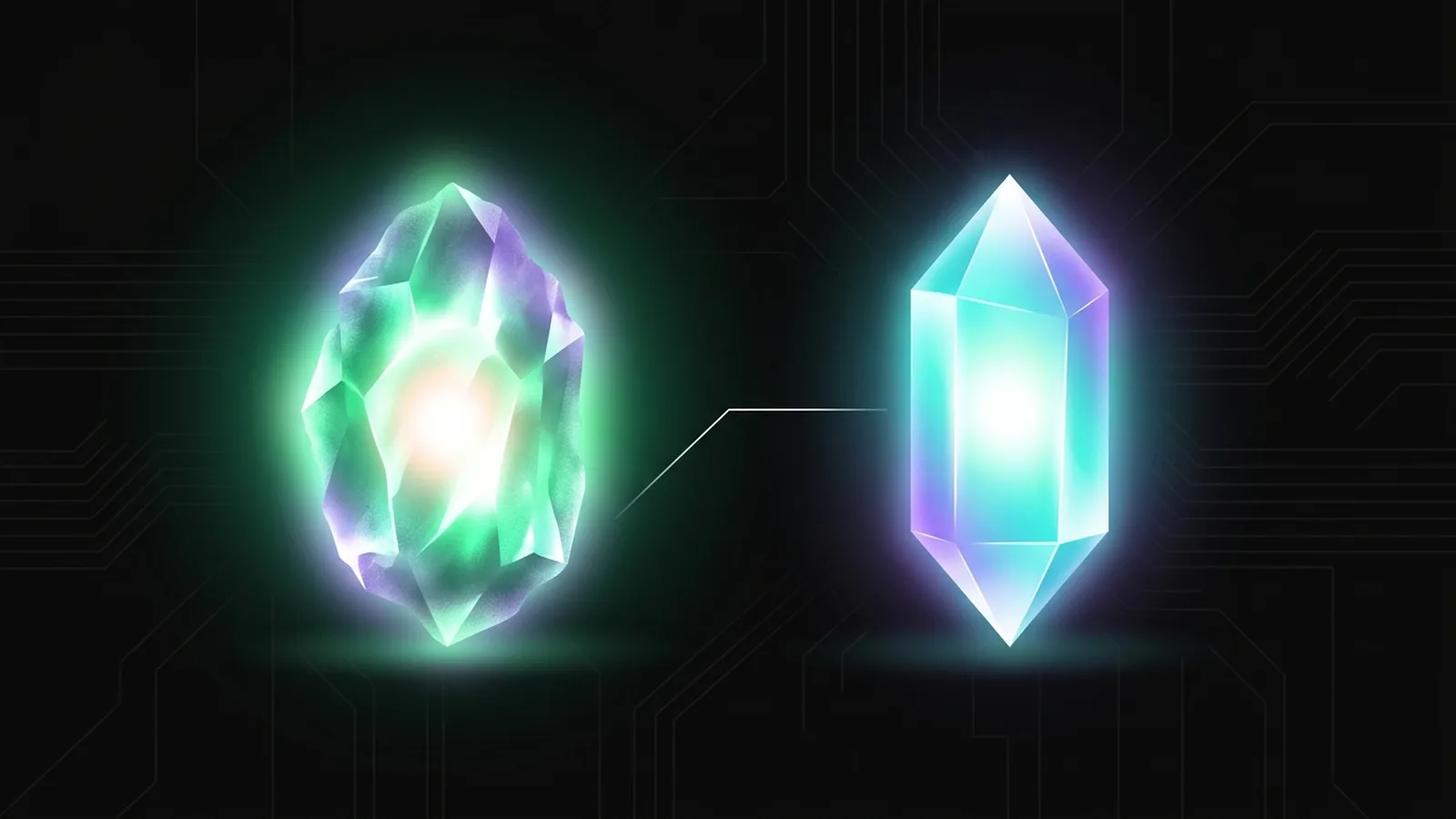 An old crystal still glows strongly beside a newer one, with a thin line showing the newer one replaces it