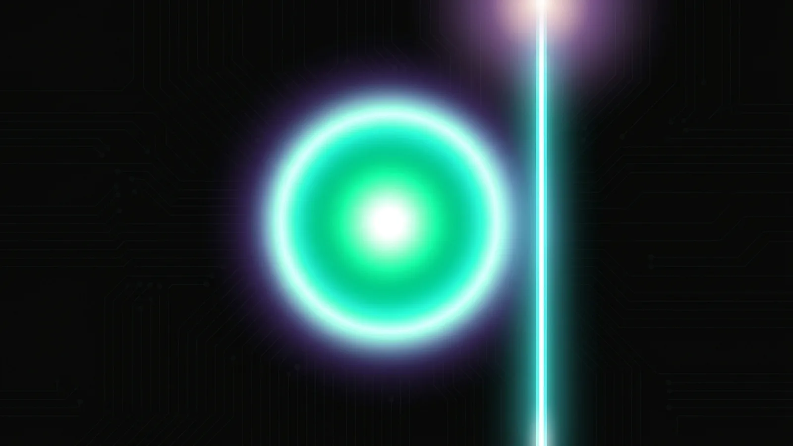 A straight lane of light passes beside a large glowing core without touching it