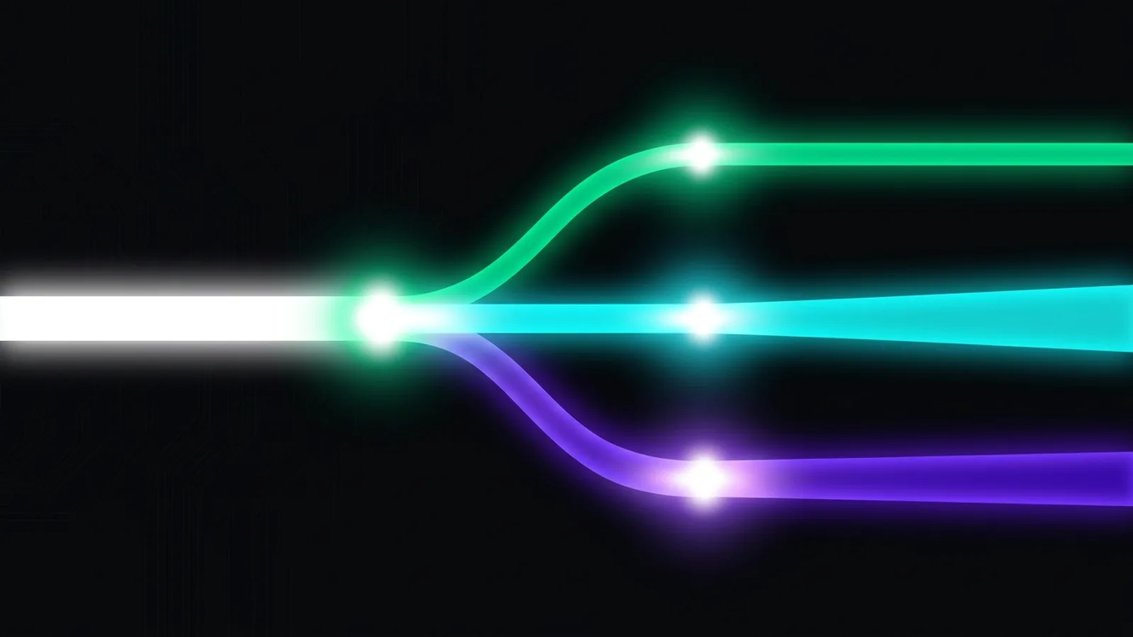 One stream of light divides at a junction into three channels of different widths