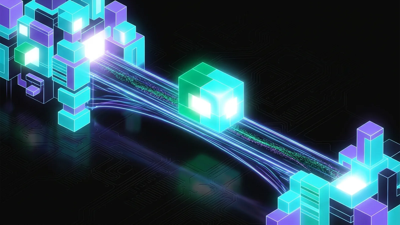 A block of light is copied across a bridge to a new structure while a steady trickle of new particles follows it