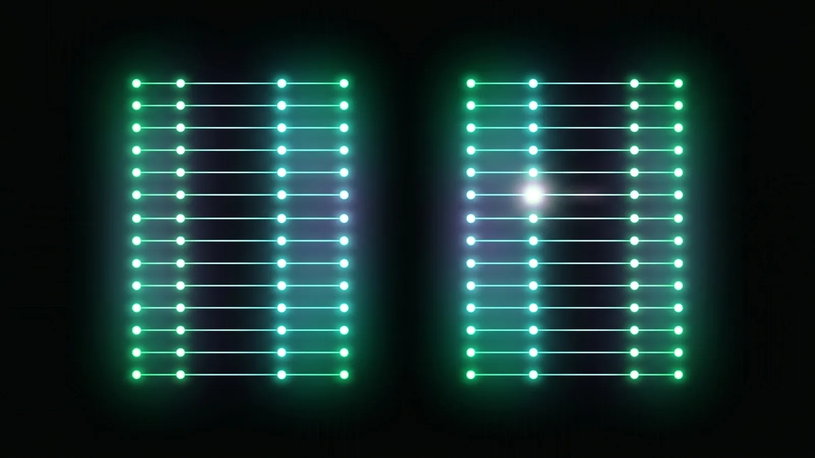 Two glowing structures side by side with matching rows linked by fine lines, one point flagged as a mismatch