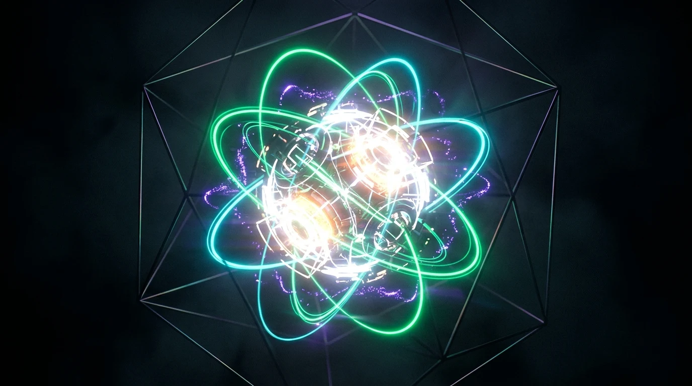A glowing white-hot core with orbiting rings of emerald and cyan light suspended inside an open geometric wireframe frame
