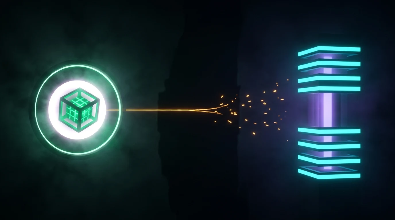 A glowing emerald cube inside a bright ring on the left, separated by a gap of scattered sparks from a tiered cyan and violet tower