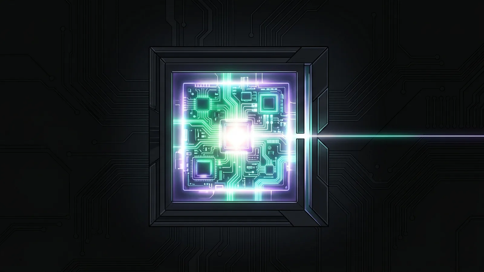A compact compute block inside a drawn enclosure, with one thin line of light still leaving through a gap