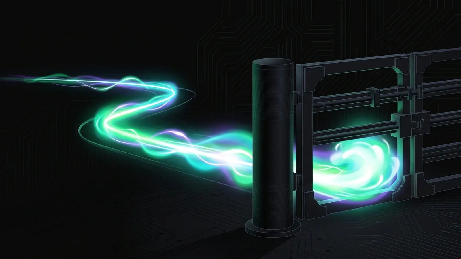 A flow of light pauses at a closed gate beside a dark recording cylinder rather than passing