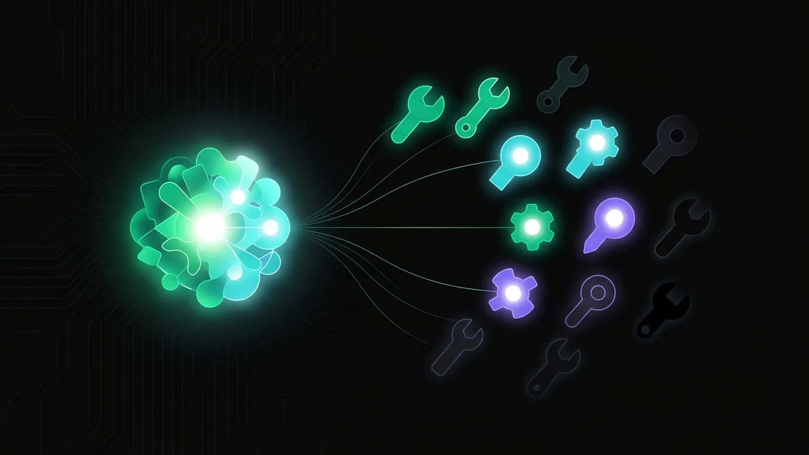An agent node views a catalogue of floating tool shapes, only some lit and within reach