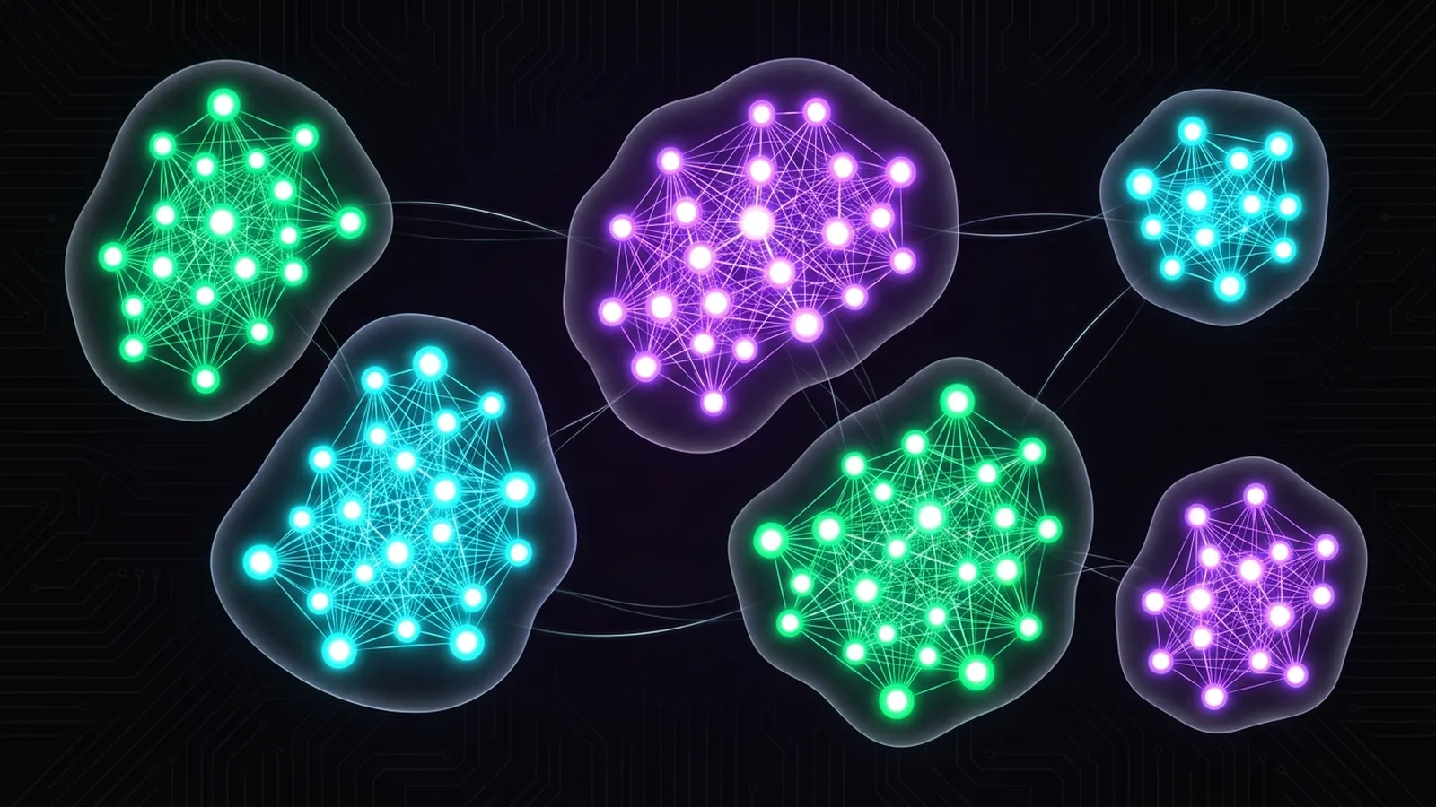 Clusters of glowing nodes inside separate enclosures, densely linked within and sparsely linked between