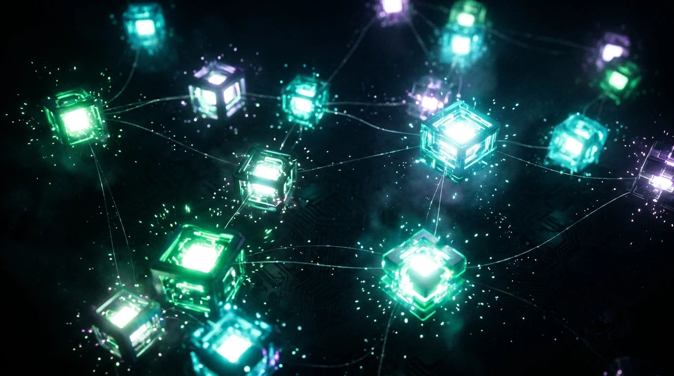 Luminous cubic nodes glowing with emerald, cyan, and violet cores connected by thin filaments across a deep dark ground