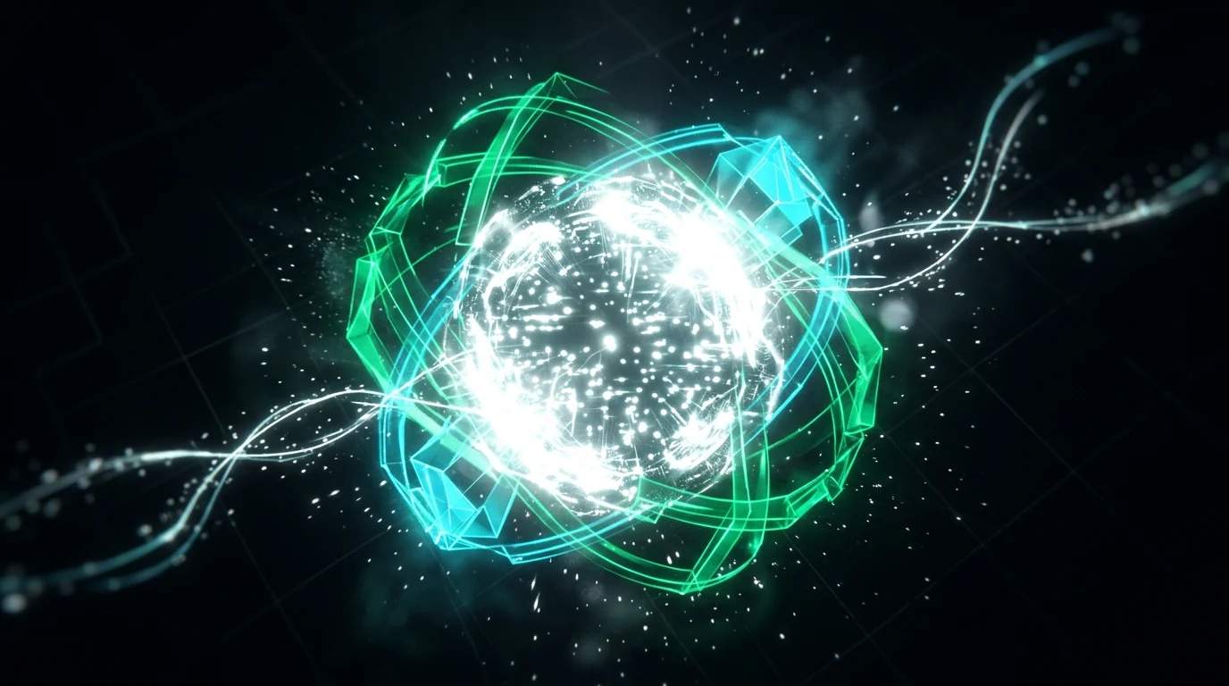 A brilliant white-hot spherical core encased in concentric emerald green and cyan geometric rings against a dark void, with fine trails of light and luminous sparks drifting outwards.