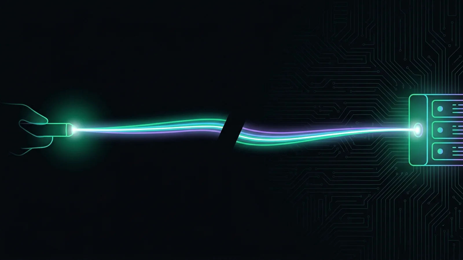 A thread of light from a hand-held connector breaks at a small gap, then continues to a server
