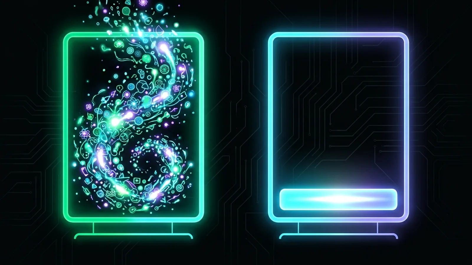 Two glowing gauges side by side, one filled with swirling particles, the other with a short neat bar