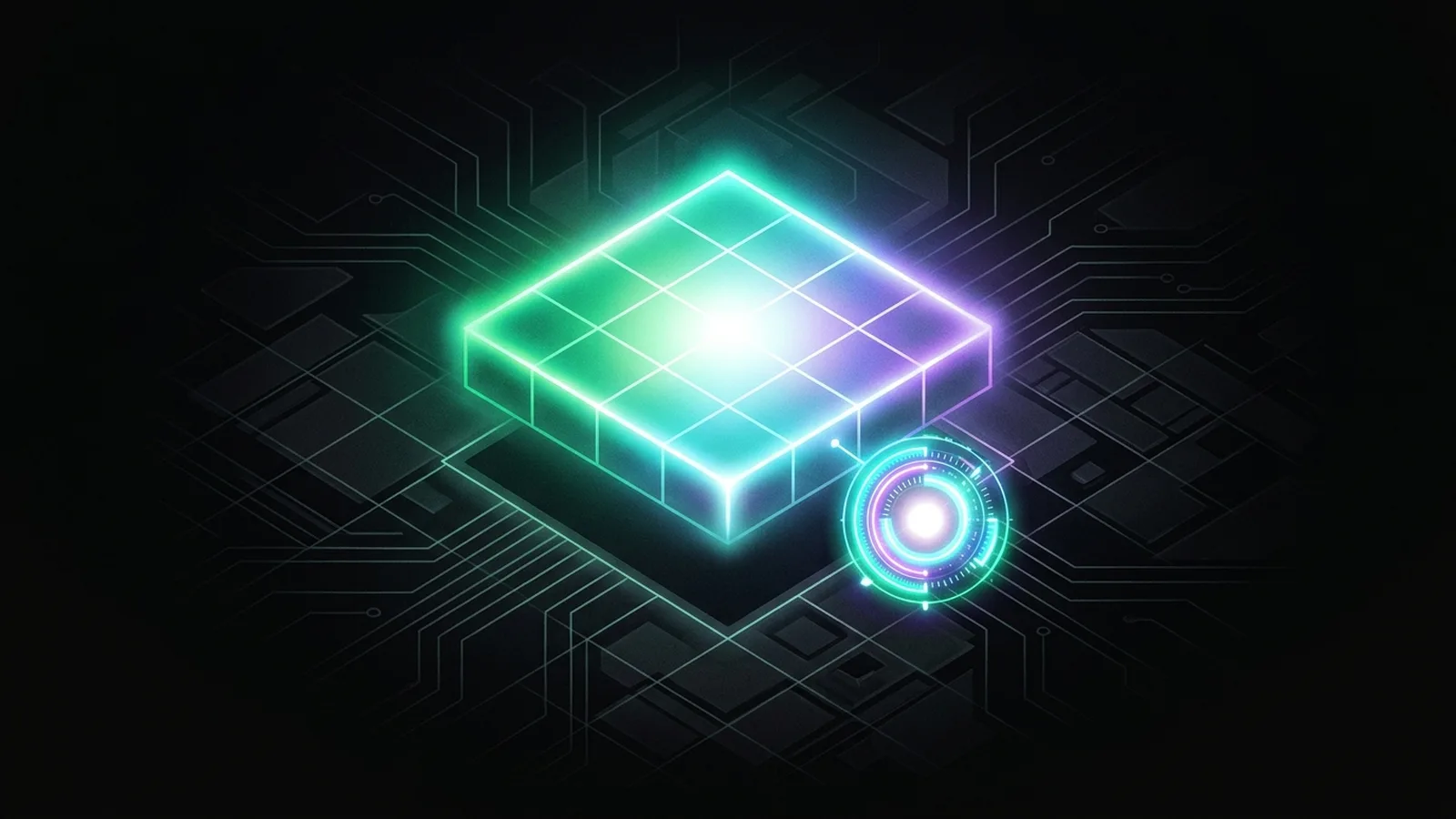 A single grid cell lifted out and glowing, with a small timing ring attached to its corner