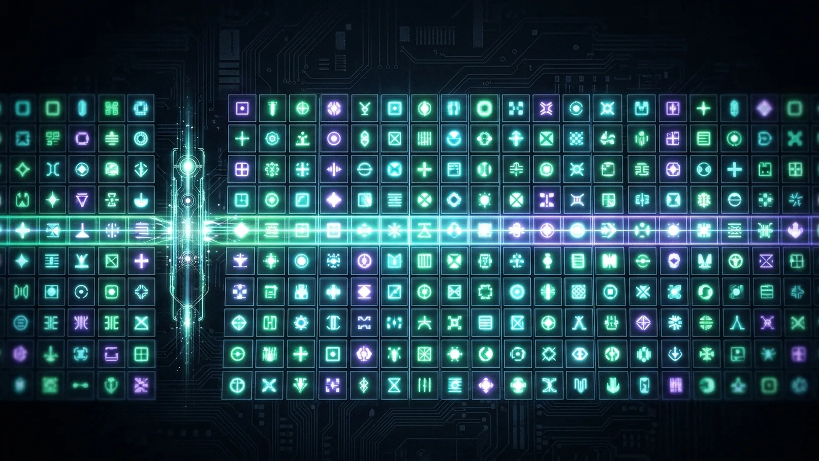A luminous grid of cells each holding a small shape of light, with an agent node reading one row