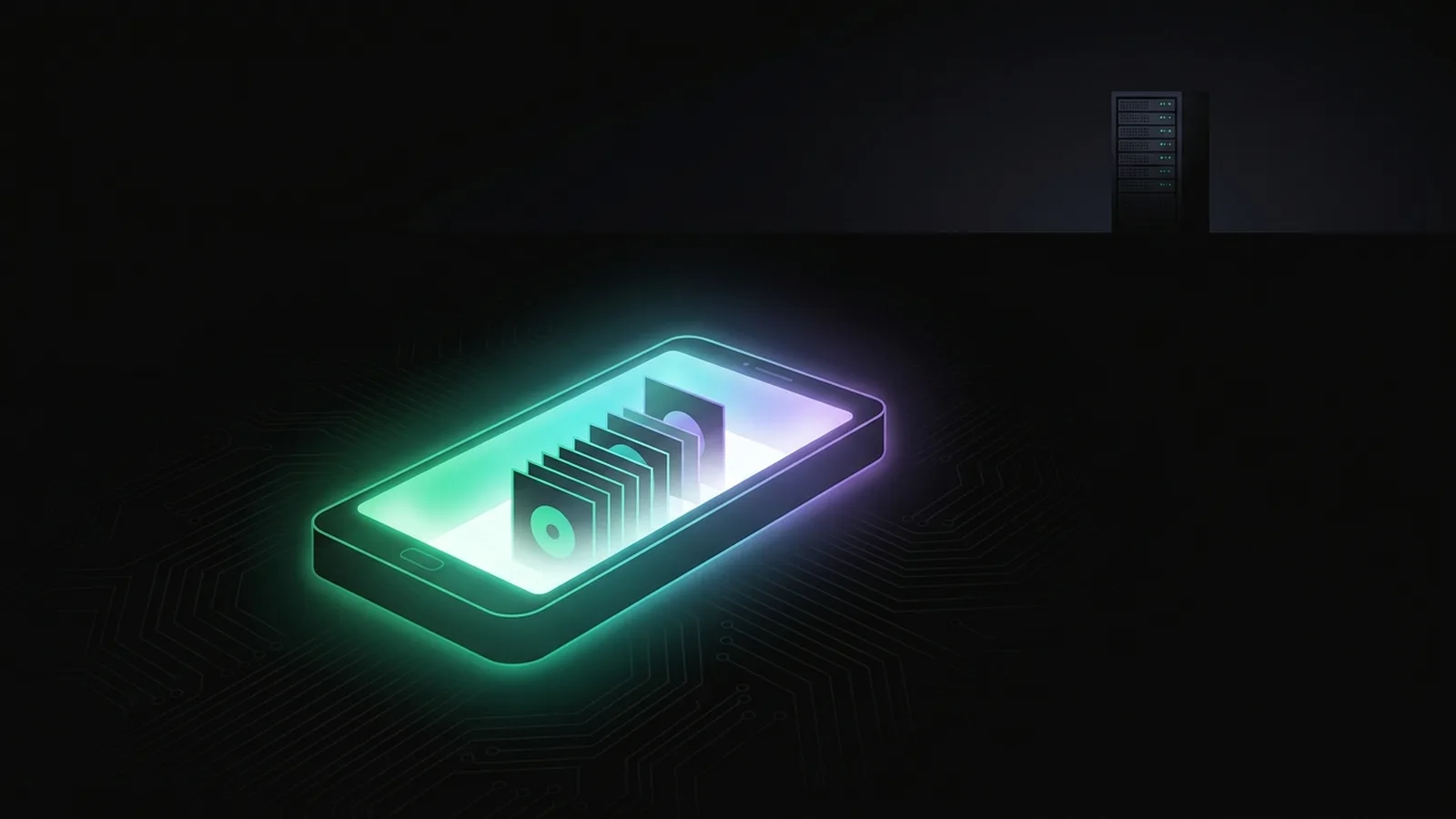 A handheld device glows on its own in darkness with records stacking inside it, a server dim on the horizon