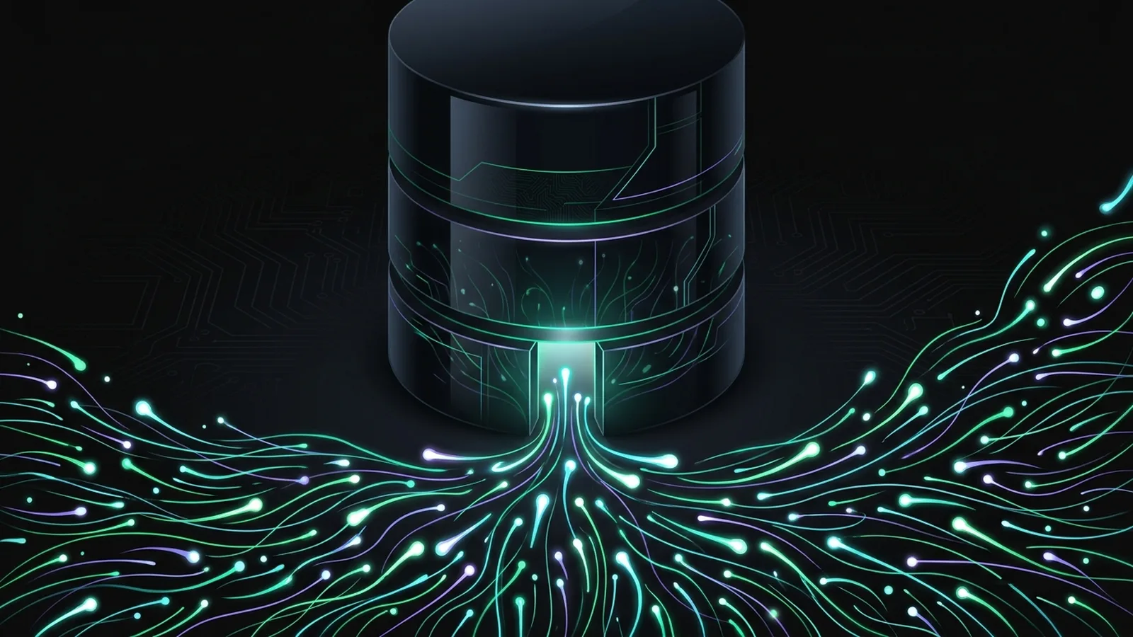Many workers of light converge on a narrow gate before a database cylinder, only a few allowed through at once