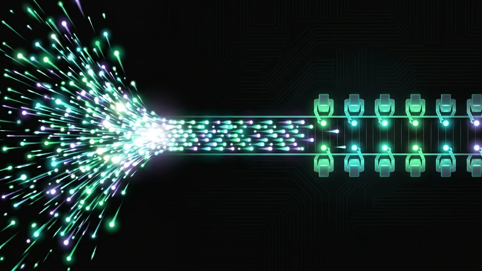 A dense burst of light particles enters an orderly queue that feeds a row of workers at a steady pace