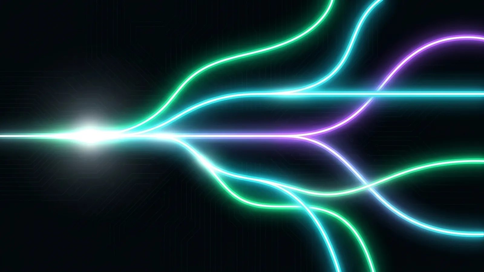 Several streams of light share one bright common segment at the start before branching apart